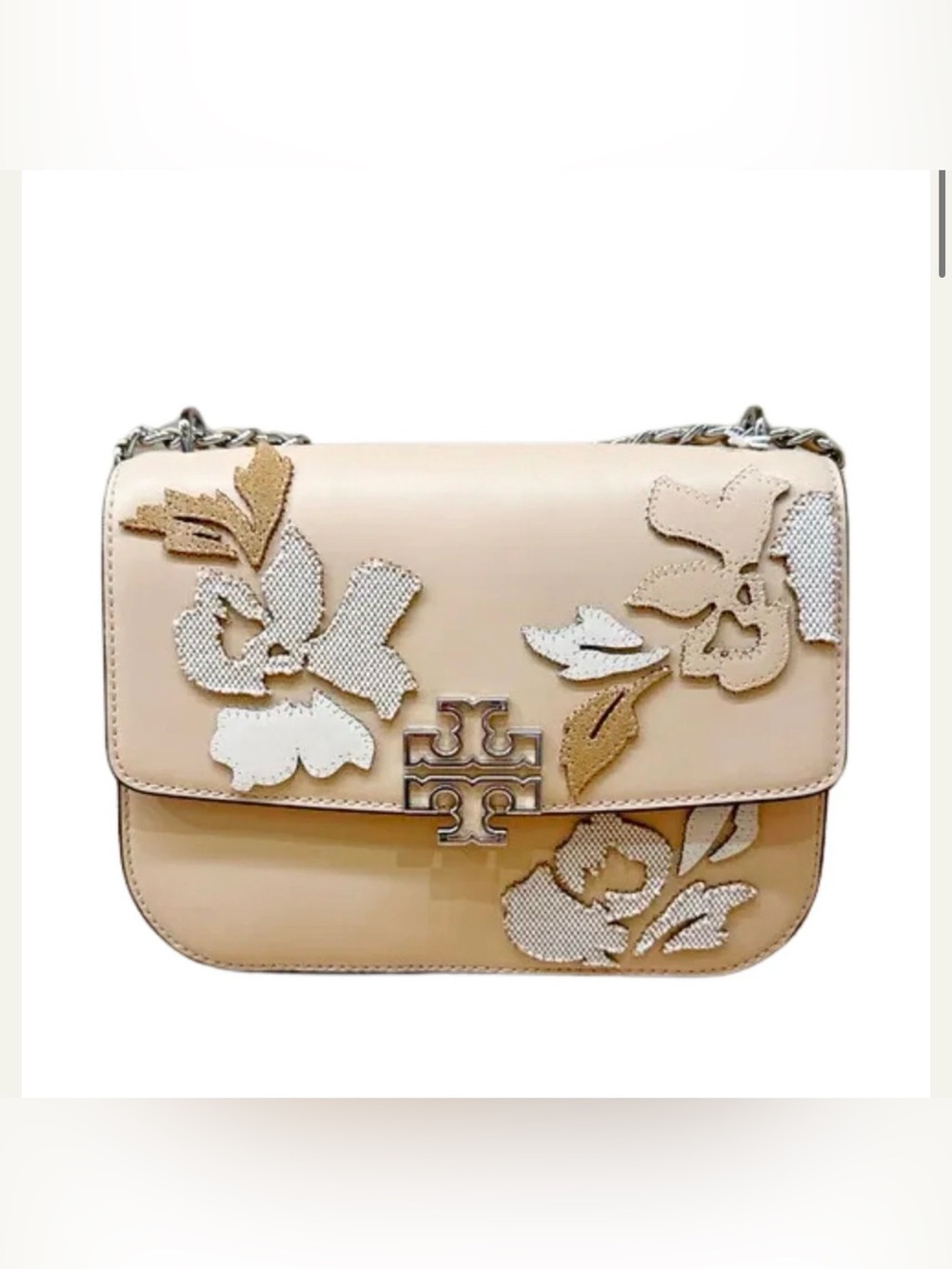 Tory Burch Beige Floral Appliqué Crossbody Bag with Silver Logo